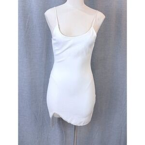 Superdown White Stretch Slip Dress Silver Beaded Fringe Hem Party